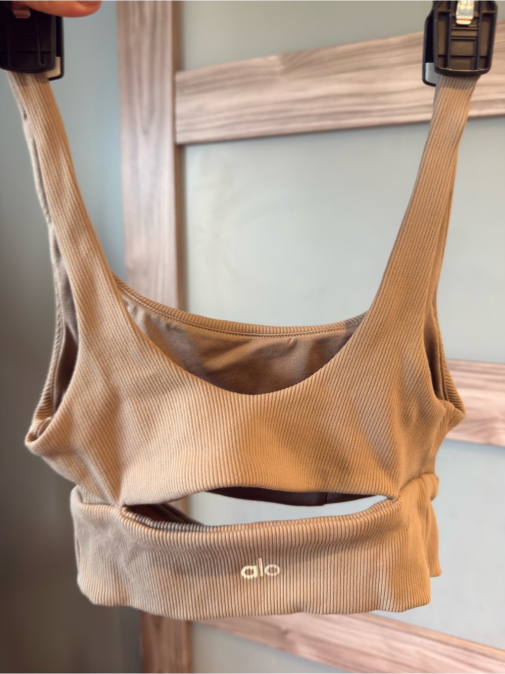 ALO Yoga Ribbed Scoop Neck Sports Bra in Beige